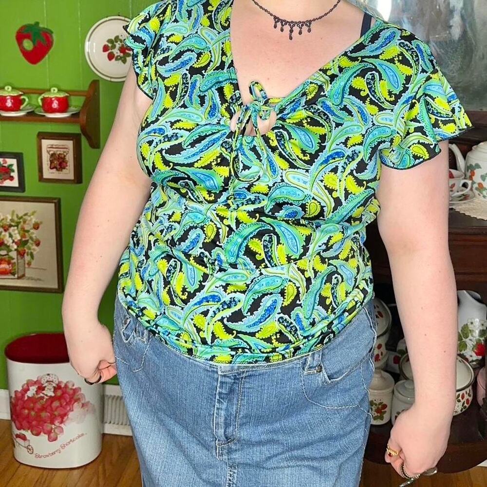 Vintage y2k bobbie brooks fairycore boho blue and green paisley print blouse